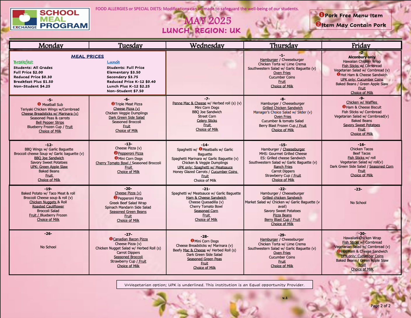 May Lunch Menu